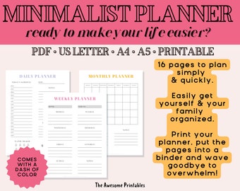 Colorful Daily, Weekly, Monthly Printable Planner for the minimalist. Comes in Letter, A4 and A5 Sizes.