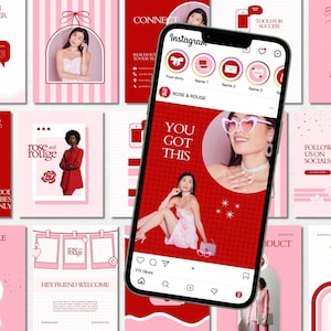 May include: A collection of pink and red Instagram story templates. The phone displays a story with the text "YOU GOT THIS" and a woman wearing pink sunglasses. Other templates include text like "QUESTION AND ANSWER" and "SPRING SALE".