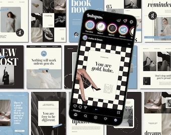 Blue Aeshtetic Instagram For Coaches| Social Media Manager| 30 Posts 30 Stories| Canva Editable Template| Girl Boss Luxury Template