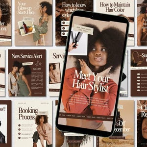 Könnte beinhalten: Eine Sammlung von Werbegrafiken für einen Friseur, die Bilder von Frauen mit verschiedenen Frisuren zeigen. Die Grafiken enthalten Texte wie "Meet Your Hair Stylist", "Before & After Transformation" und "New Service Alert".