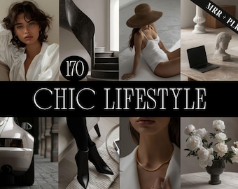 May include: A collage of lifestyle images featuring a woman, a staircase, a woman in a hat, a laptop, a car, black boots, a gold necklace, and a vase of flowers. The text "170 CHIC LIFESTYLE" is displayed in the center.
