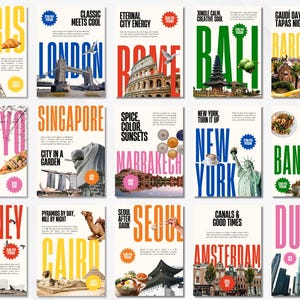 Puede incluir: Una colección de carteles de viaje con nombres de ciudades como París, Londres y Roma. Cada cartel muestra un hito, el nombre de la ciudad y texto descriptivo en varios colores.