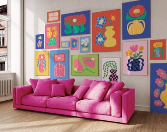 Galleria di fiori retrò set di 20, arte da parete colorata, galleria da parete rosa preppy, decorazione da parete funky, arte da parete anni '70, decorazione anni '90, DOWNLOAD DIGITALE
