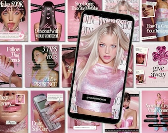 Pink Y2K Aesthetic Instagram For Coaches| Social Media Manager| 55 Posts 55 Stories| Canva Editable Template| Bold Barbie Pink Luxury Post