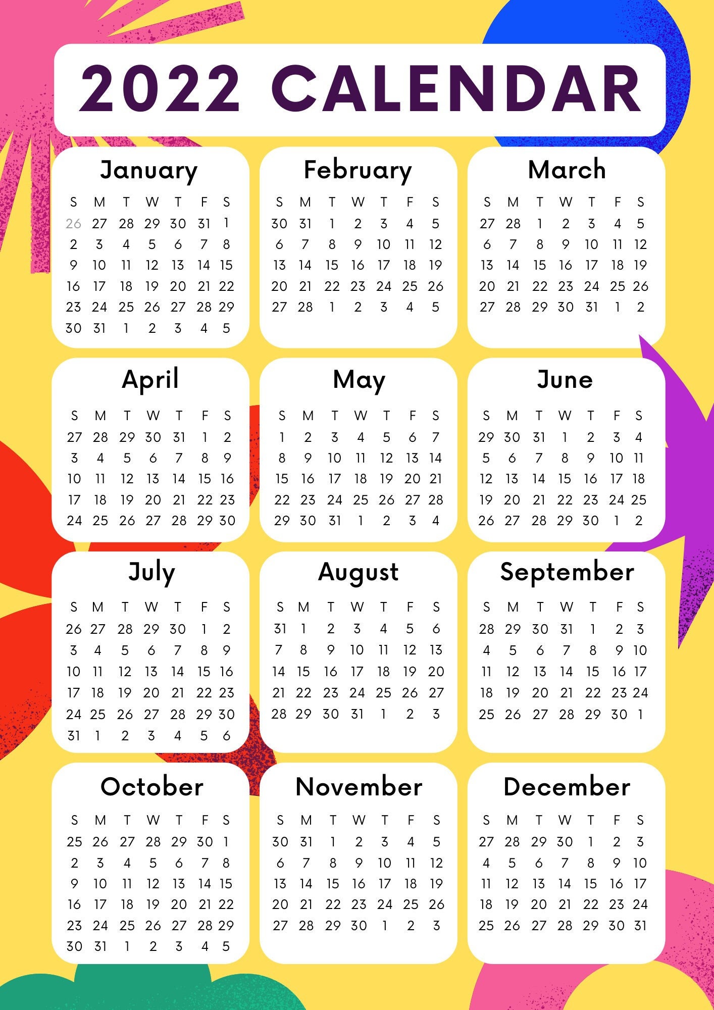 2022 Yearly Calendar - Etsy