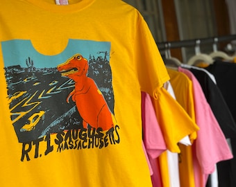 Route 1 Saugus Mass Dinosaur retro inspired organic cotton t shirt unisex original design funny t shirt handmade cute gifts Boston nostalgia