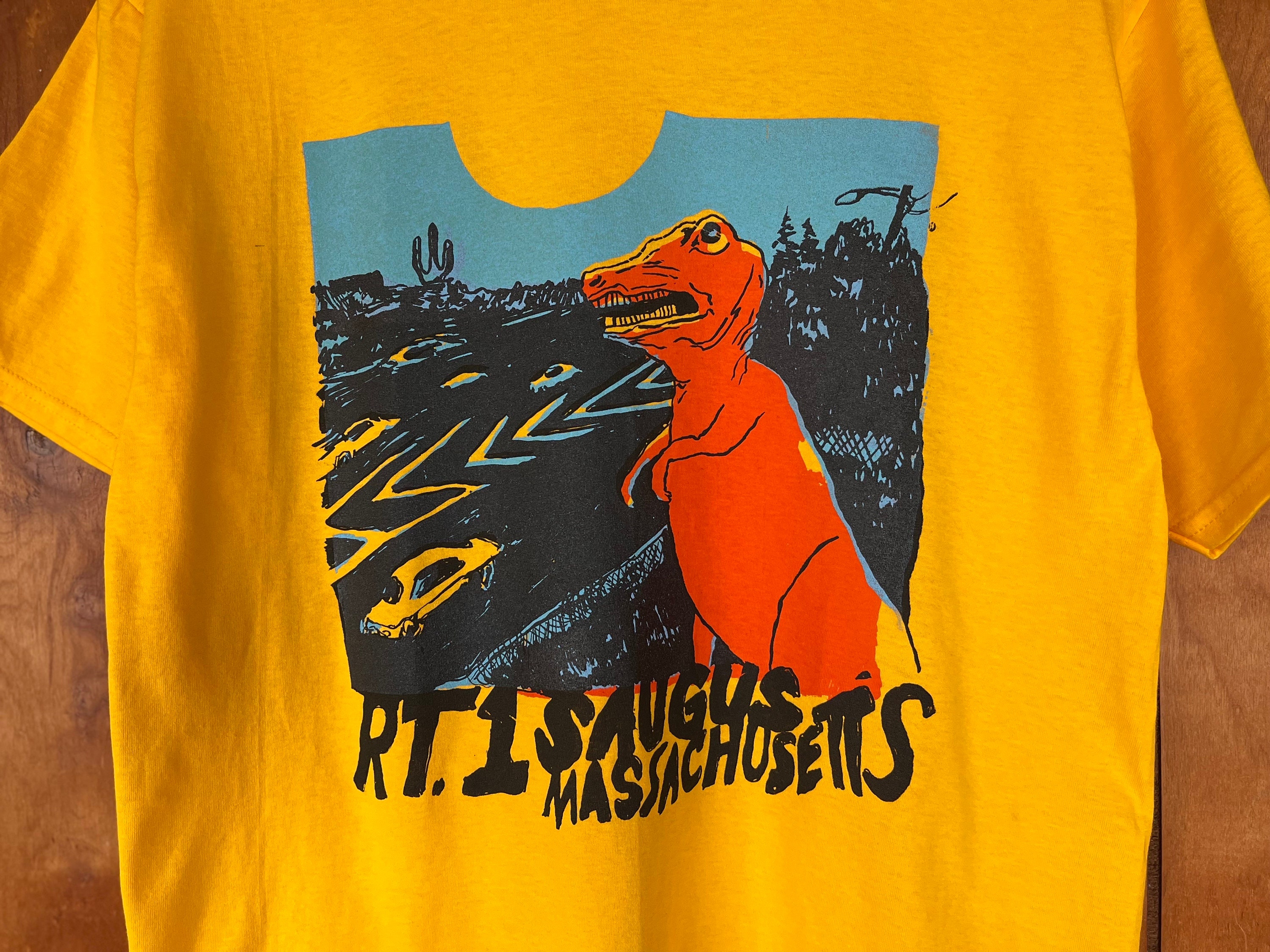 Route 1 Saugus Mass Dinosaur Retro Inspired Organic Cotton T Shirt