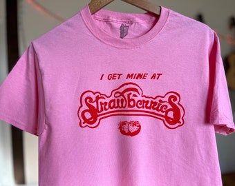 Strawberries Record store retro vintage inspired brand new original organic graphic design shirt for music lovers men and women