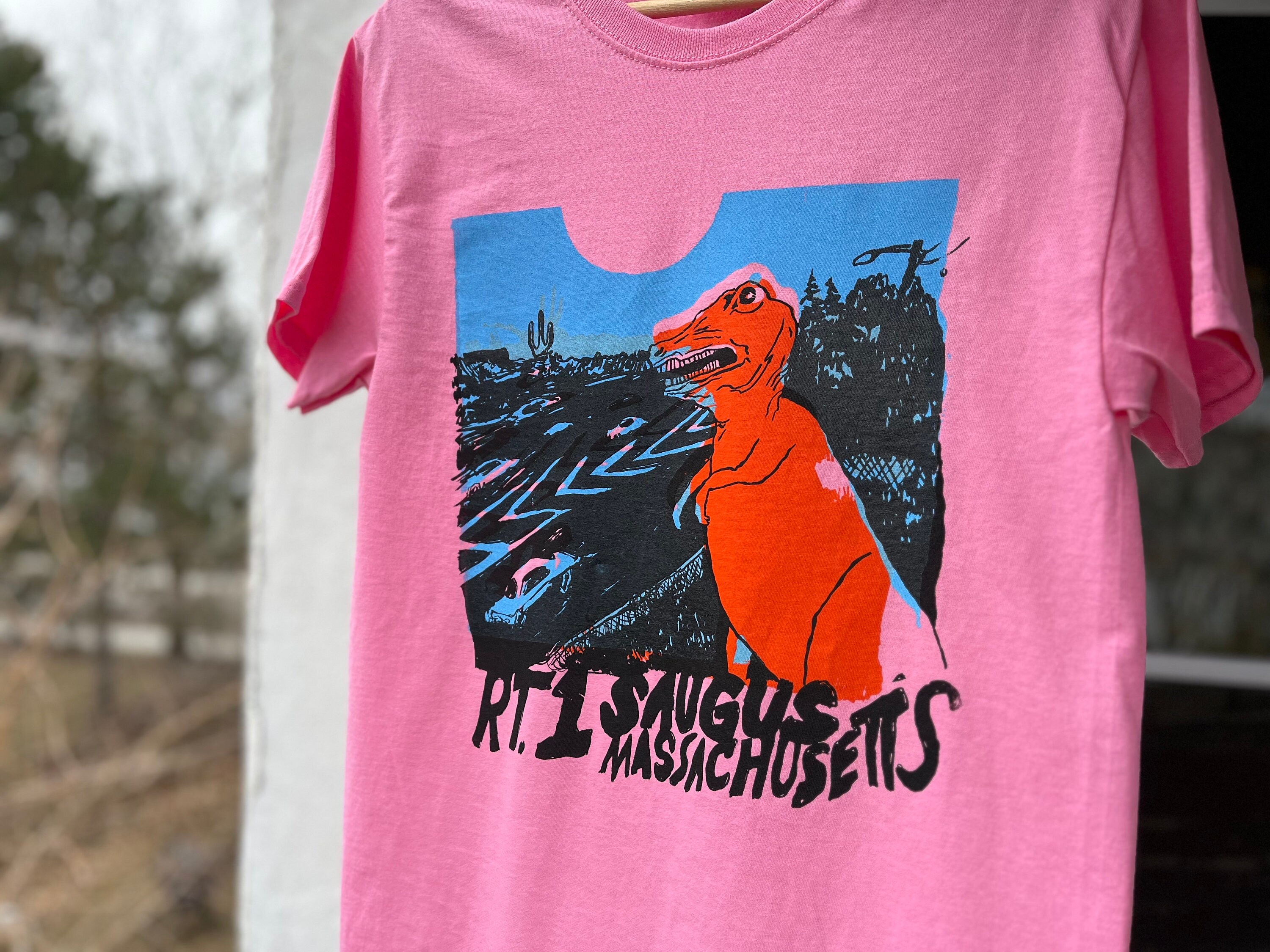 Route 1 Saugus Mass Dinosaur Retro Inspired Organic Cotton T Shirt