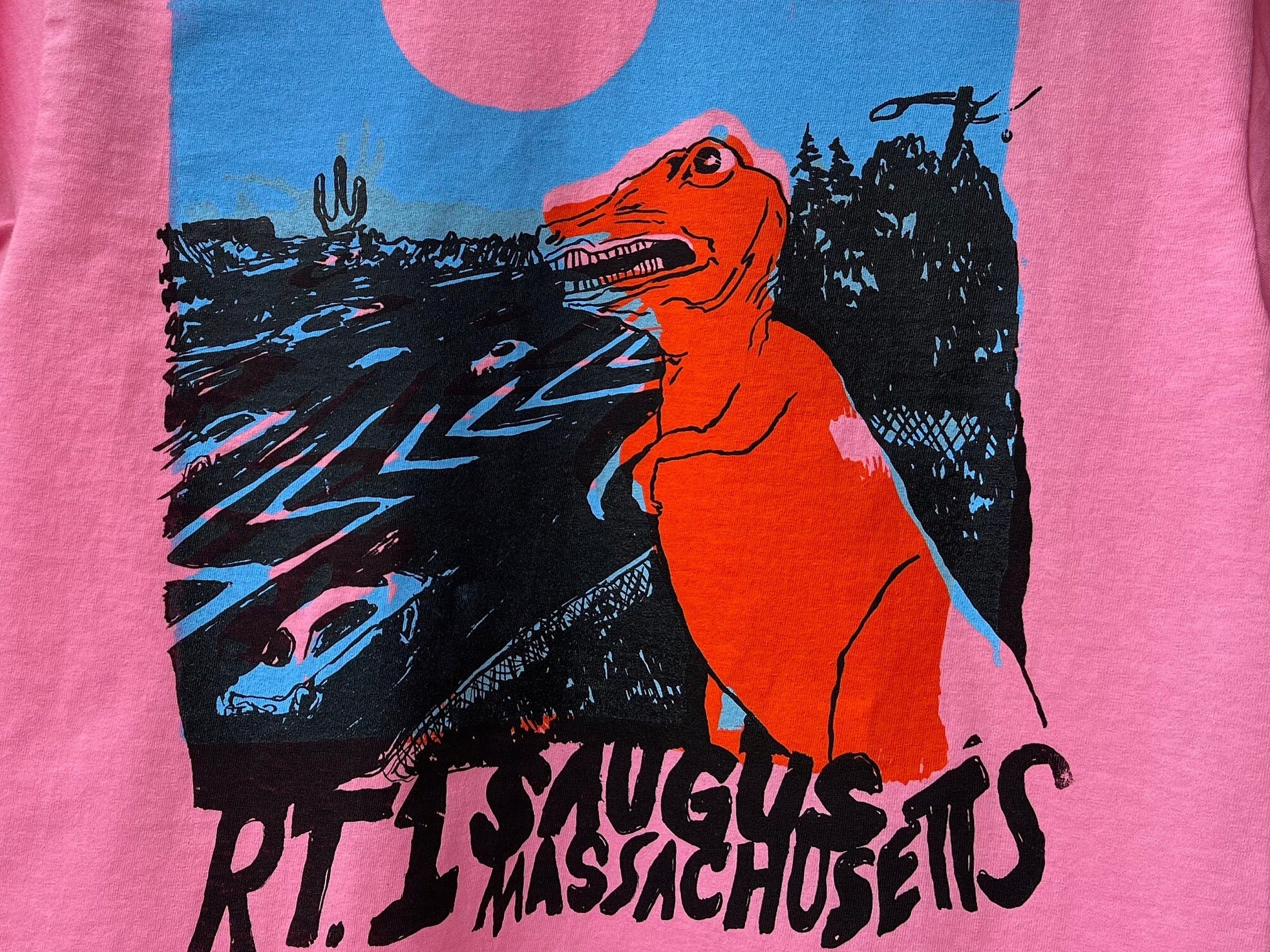 Route 1 Saugus Mass Dinosaur Retro Inspired Organic Cotton T Shirt