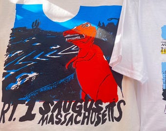Route 1 Saugus Mass Dinosaur retro inspired organic cotton t shirt unisex original design funny t shirt handmade cute gifts Boston nostalgia