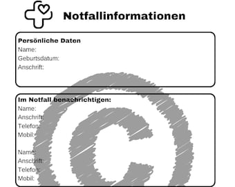 Notfalldatenblatt, Notfallinformationen, Medikamentenplan, Allergien, Notfallausweis, Druckvorlage, Printable, Notfallmappe