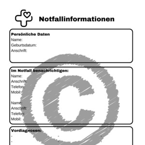 May include: A black and white printable emergency information form with the title "Notfallinformationen" in German. The form includes sections for personal information, emergency contacts, pre-existing conditions, and allergies.