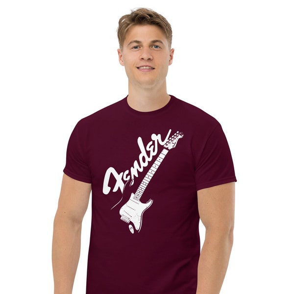 Fender Stratocaster guitar Men's heavyweight tee. For guitarists, rock music fans, musicians. Great gift