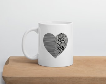 Joy Division love heart. White Glossy Mug. Unknown Pleasures LP style graphic.