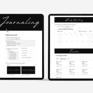 Könnte beinhalten: Ein Screenshot einer Notion-Seite mit dem Titel "Journaling" und einem Abschnitt mit dem Titel "Digitales Journal". Die Seite enthält einen Kalender für tägliche geführte Tagebuchführung und einen Tracker für die Verfolgung von Gewohnheiten.