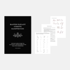 Peut inclure: Une image en noir et blanc de la couverture d'un livre avec le titre "Master Elegant Cursive Handwriting". La couverture présente un motif décoratif et le texte "Guide étape par étape pour une belle écriture cursive avec des exercices pratiques". Le nom de l'auteur, "Rania Gerai", est également inclus.