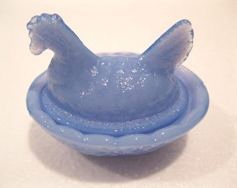Get a Dozen for one Price. NEW 2 1/2" Mini HEN on NEST, Milk Blue Glass.