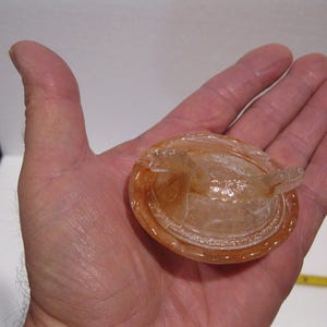 May include: A translucent, amber-colored, oval-shaped object with a raised rim and a small, protruding handle. The object is held in an open hand, showcasing its intricate details and design. The object appears to be made of glass or a similar material.