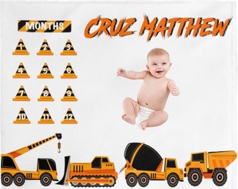 Personalized Construction Truck Baby Milestone Blanket, Shower Gift, Month Old, Custom