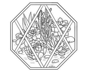 May include: Black and white illustration of various succulents and cacti within an octagonal frame. The image features detailed line art of different plant varieties, including rosette-shaped succulents and spiky cacti.