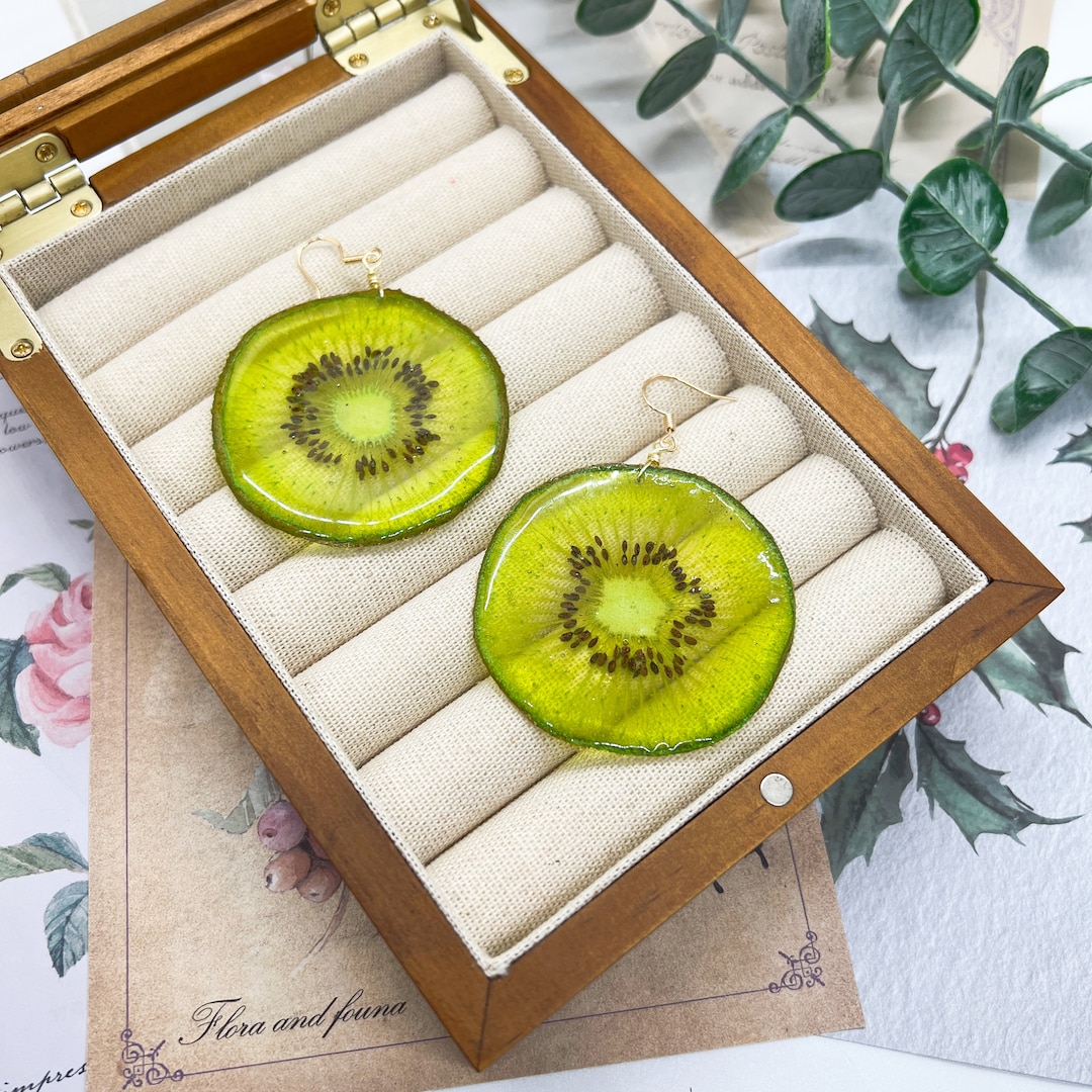Preserved Kiwi Earring, Real Kiwi Resin Fruit Earring, Fruit Slice