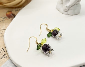 Glass Blueberry Drop Earrings, Fruit Earrings, Summer Earrings, Food earrings, Gift for her