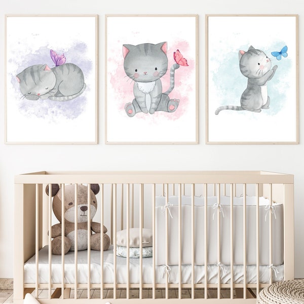 Kitten Nursery Prints Set of 3, Kitten Nursery Art, Watercolour Kittens, Kittens Printable Set, Girls Poster Playroom Wall Art, Cat Wall Art