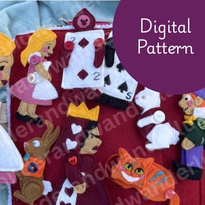 May include: A felt digital pattern featuring characters from Alice in Wonderland. The characters include Alice, the Queen of Hearts, the Cheshire Cat, and the White Rabbit, all set against a red background. The text "Digital Pattern" is in a purple circle.