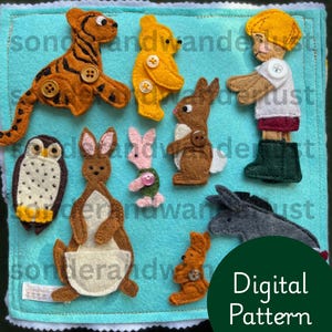 May include: A felt craft project featuring various animal and character figures, including a tiger, bear, rabbit, owl, kangaroo, and a child. The figures are in shades of brown, orange, yellow, and pink, with button details, set on a light blue background. The text "Digital Pattern" is visible.