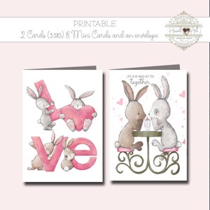 Valentines Day Printable cards, mini cards and envelope- Adorable bunnies.