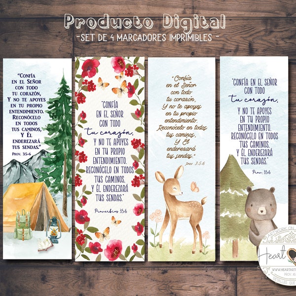 Printable Bookmarks in Spanish- watercolor- Proverbs 3:5-6-  Marcadores imprimibles con versículo de la Biblia- Dia del Padre