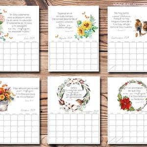 May include: A printable calendar for 2024 with a floral design and inspirational bible verses in Spanish. Each month features a different floral design and a verse from the Bible.