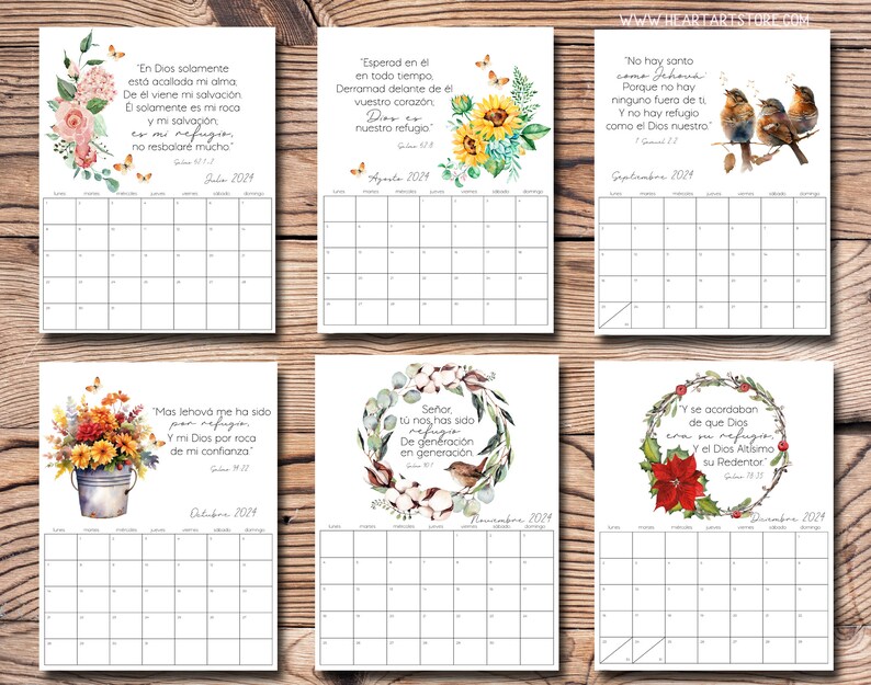 May include: A printable calendar for 2024 with a floral design and inspirational bible verses in Spanish. Each month features a different floral design and a verse from the Bible.