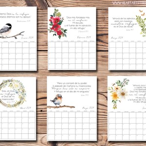 May include: A printable calendar featuring floral designs and inspirational quotes in Spanish. Each month features a different floral design and a quote about faith and hope. The calendar is perfect for adding a touch of faith and beauty to your home or office.