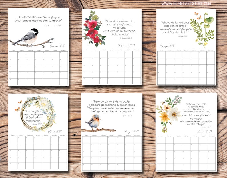 May include: A printable calendar featuring floral designs and inspirational quotes in Spanish. Each month features a different floral design and a quote about faith and hope. The calendar is perfect for adding a touch of faith and beauty to your home or office.