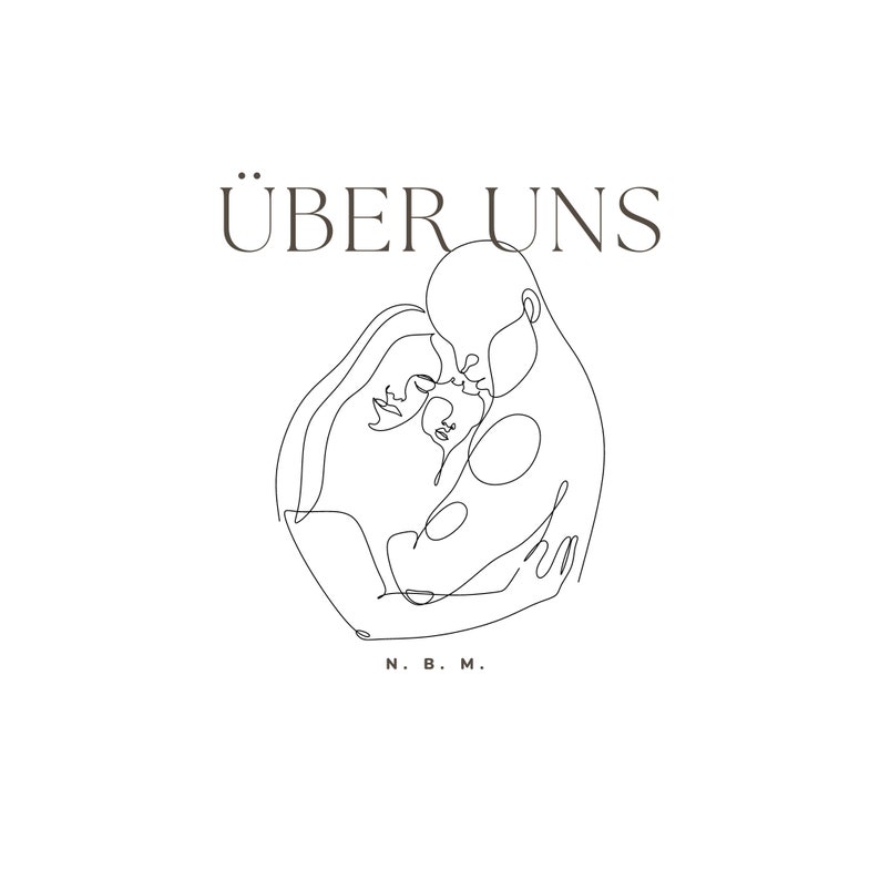 May include: A minimalist line art illustration of a couple embracing, with the German text "&Uuml;BER UNS" above and the initials "N. B. M." below. The artwork depicts two figures in a tender embrace, rendered in a continuous, flowing line.