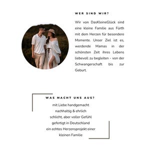 May include: A circular image features a couple in neutral-toned clothing, set against a blurred outdoor backdrop. Text in German reads "WER SIND WIR?" and "WAS MACHT UNS AUS?" The text describes a family business focused on supporting mothers during pregnancy.