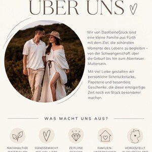 May include: An informational graphic titled &Uuml;BER UNS featuring a circular photograph of a couple in a field. The text describes a family business from F&uuml;rth creating jewelry and stationery. Icons below represent sustainable materials, handmade items, timeless designs, family business, and German production.