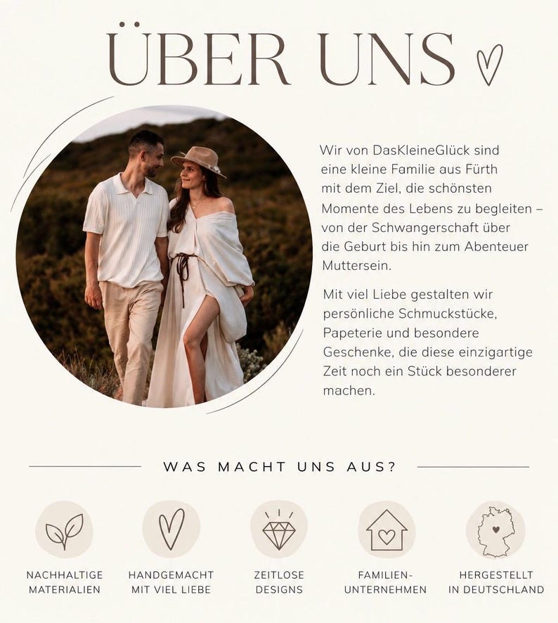 May include: An informational graphic titled &Uuml;BER UNS featuring a circular photograph of a couple in a field. The text describes a family business from F&uuml;rth creating jewelry and stationery. Icons below represent sustainable materials, handmade items, timeless designs, family business, and German production.