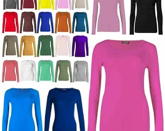 Womens Ladies Long Sleeve Stretch Plain Round Scoop Neck T Shirt Top assorted