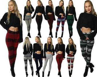 Women's Thick Winter Thermal Legging knit Fleece Lined Warm Christmas Zigzag Tartan Heart Snowflake High Waist Size 8-14