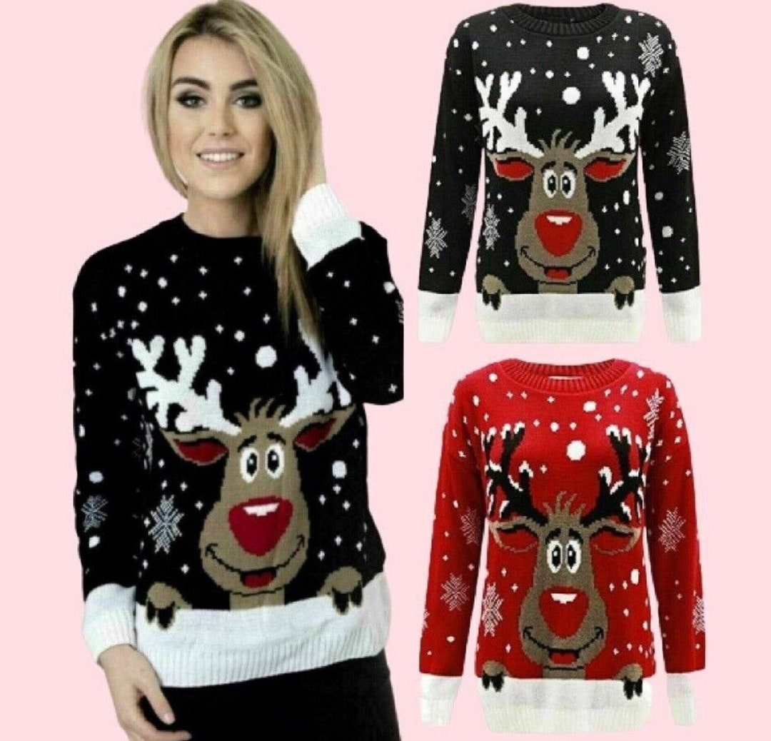 Womens Rudolph Knitted Christmas Jumper Ladies Top Xmas Pullover Jumper