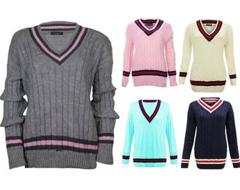 Ladies V Neck Cable Knitted Cricket Jumper Womens Stretch Long Sleeve Stripe Top