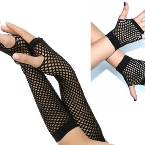 Black Fishnet net Short and Long Gloves Mesh Punk goth Rock 80s Style Hen Party Fancy Dress