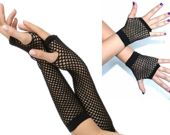 Black Fishnet net Short and Long Gloves Mesh Punk goth Rock 80s Style Hen Party Fancy Dress