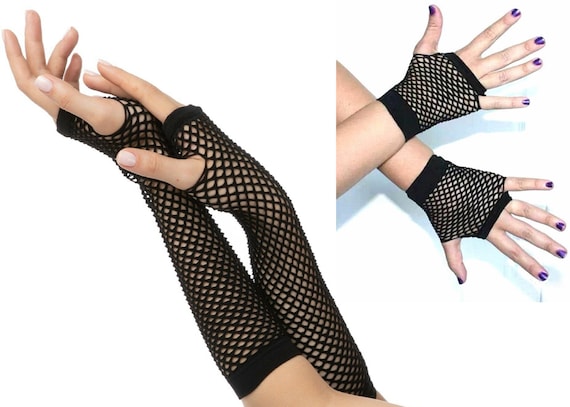 Black Fishnet net Short and Long Gloves Mesh Punk goth Rock 80s Style Hen Party Fancy Dress