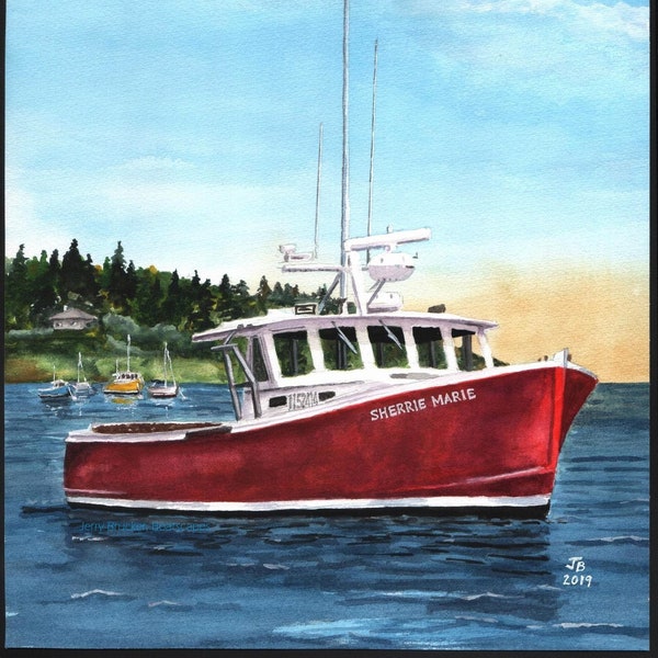 Lobster Boat Painting Reproduction of My Watercolor Gift Maine Fishing Down East New England Bar Harbor Seascape Nova Scotia Nautical Gift