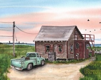 LBI Shack Painting Causeway Duck Hunting Long Beach Island NJ Marsh Jersey Shore Fine Art Reproduction Hand Made Watercolor Gift Beach House