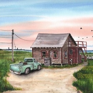 May include: A watercolor painting of a small, weathered house with a red door and a teal pickup truck parked in front. The house is situated on a grassy hill overlooking a body of water. A person and a black dog are walking in the grass in the foreground. The sky is a soft pink and blue.